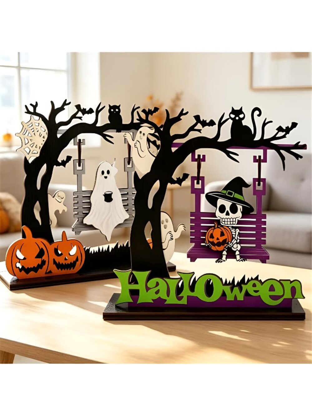 Halloween Decorations Indoor - Primitive Halloween Swing Ghost Skeleton, Wooden